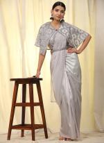 Imported Satin Grey Party Wear Embroidery Work Readymade Saree